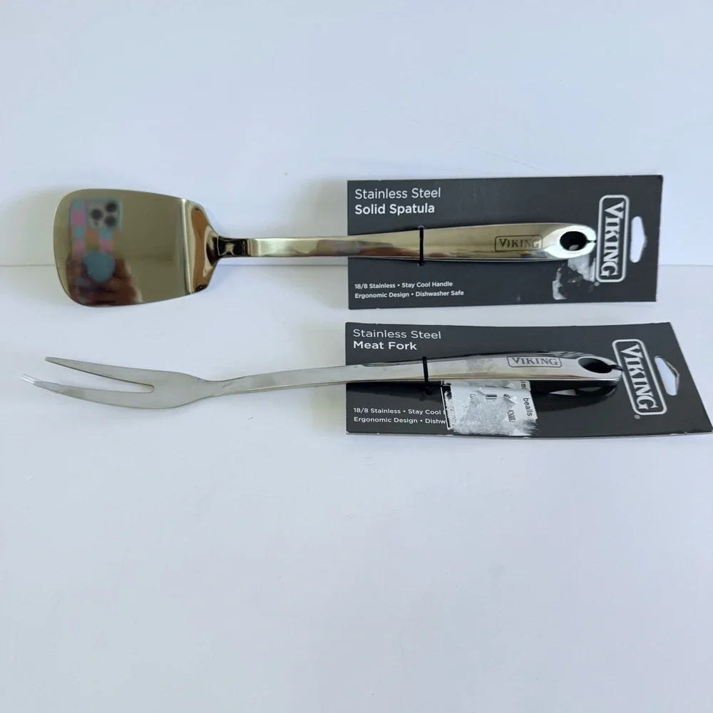 Viking Stainless Steel 2-Pc Kitchen Tool Set Solid Spatula & Meat Fork NWT